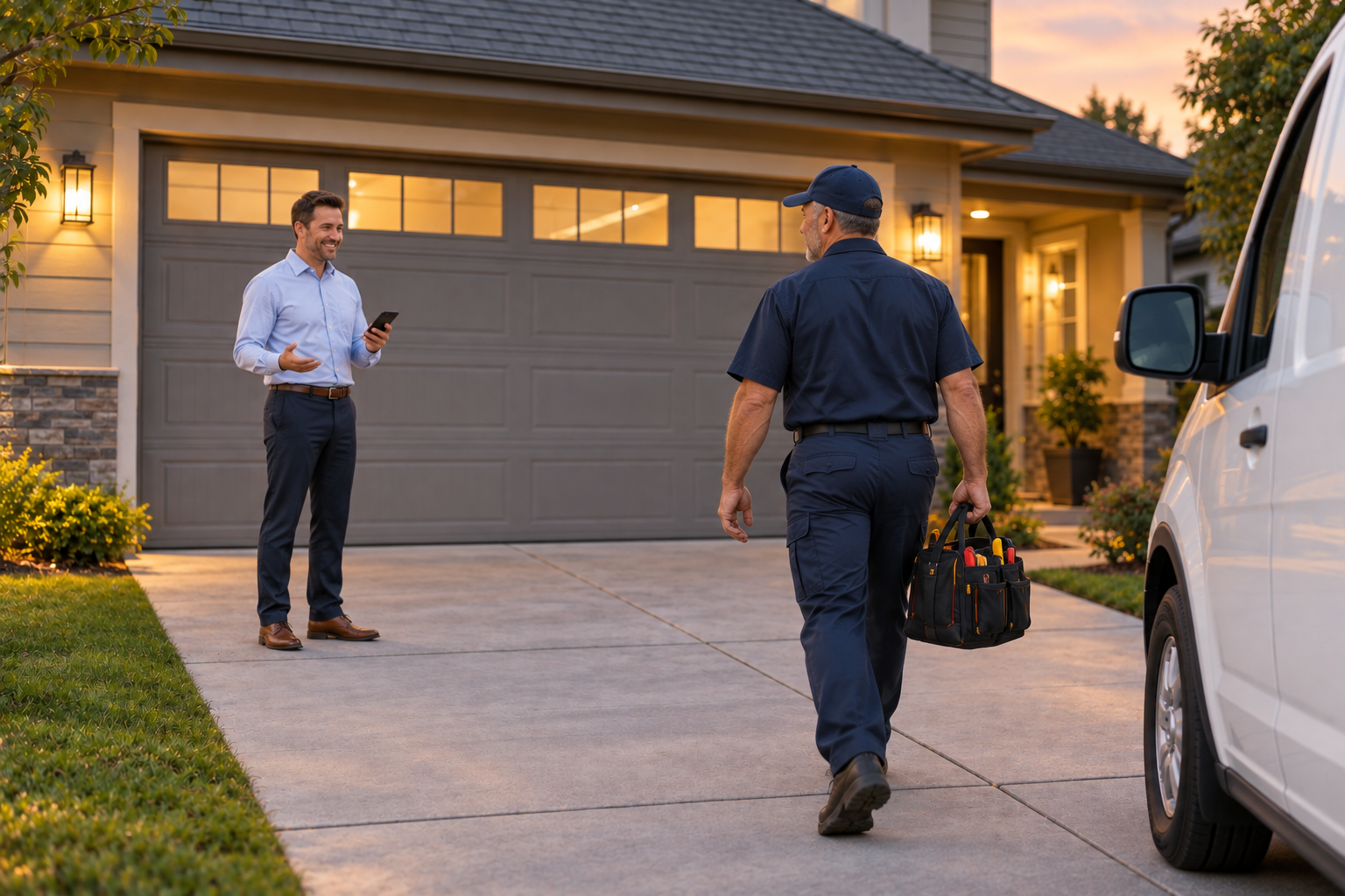 Example scene: a technician carrying a tool bag from a service van toward a homeowner waiting by the garage in the early evening.