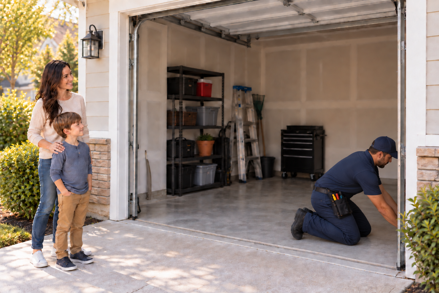 Example scene: a technician kneeling inside a raised garage door while a parent and young child wait together outside.